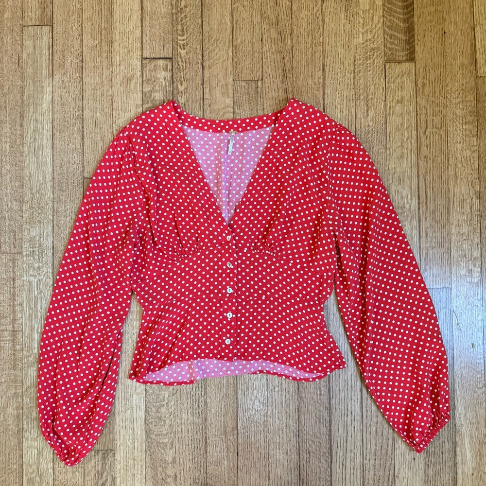 Free People Love Street Polka Dot Red Blouse Top